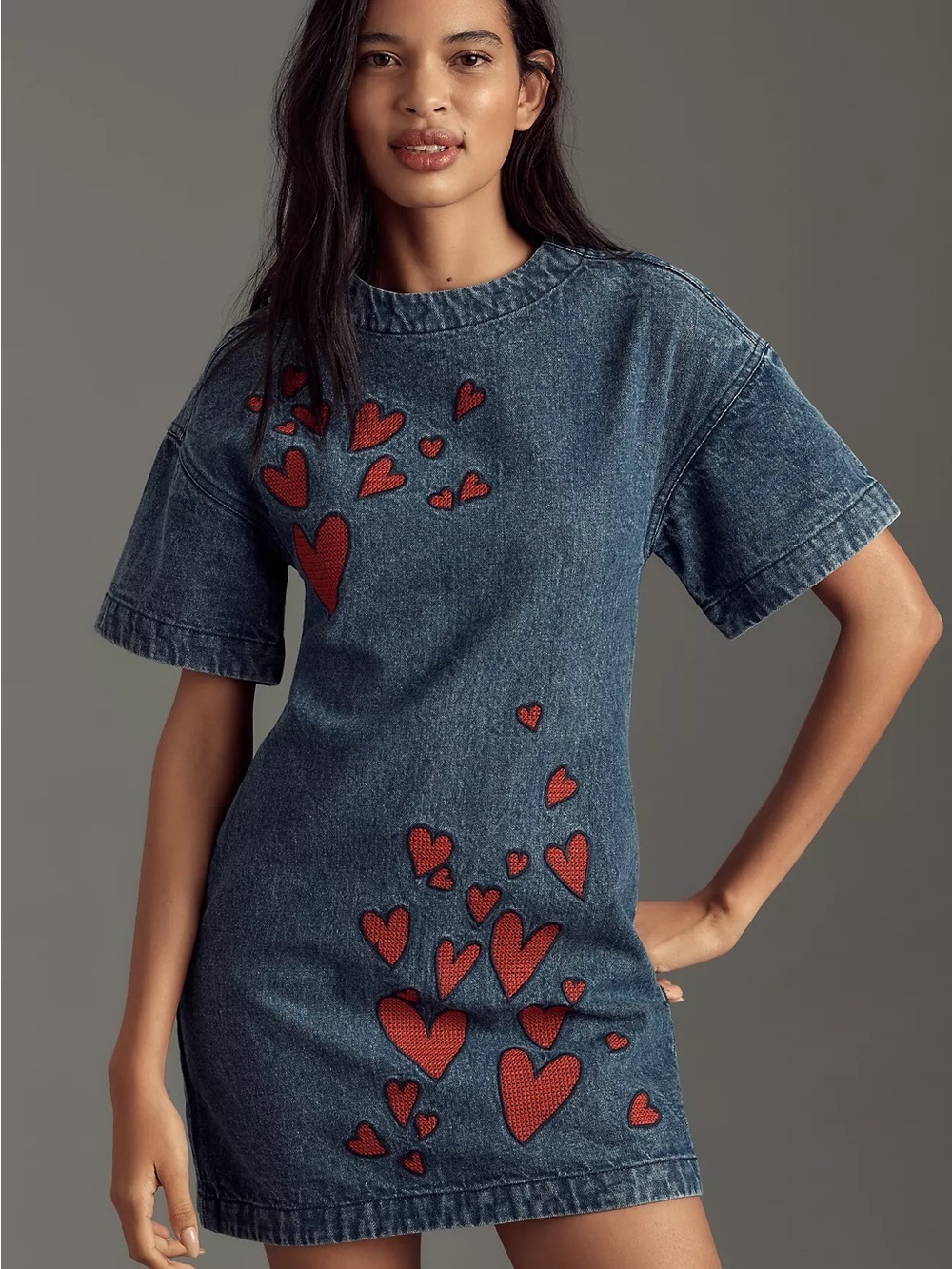 Dhruv Kapoor Short-Sleeve Embroidered Heart Denim Mini Dress EUC - like new